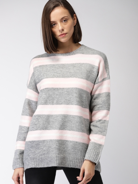 

FOREVER 21 Women Grey Melange & Pink Striped Pullover Sweater
