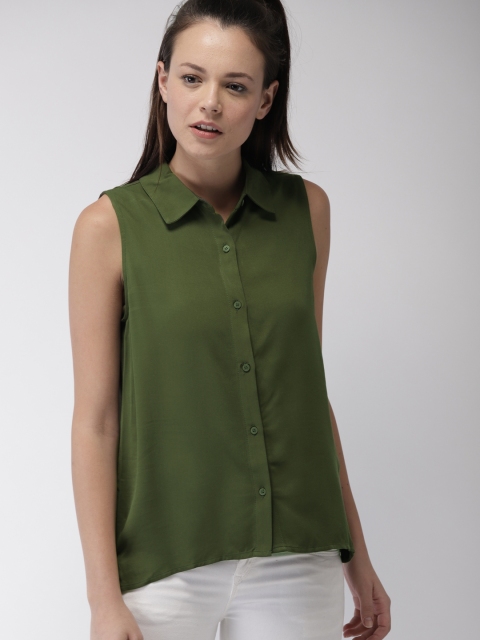 

FOREVER 21 Women Olive Green Solid Casual Shirt