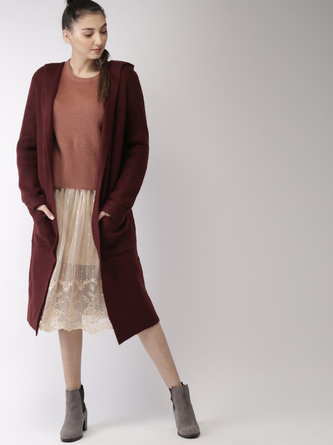 

FOREVER 21 Women Maroon Solid Front-Open Sweater