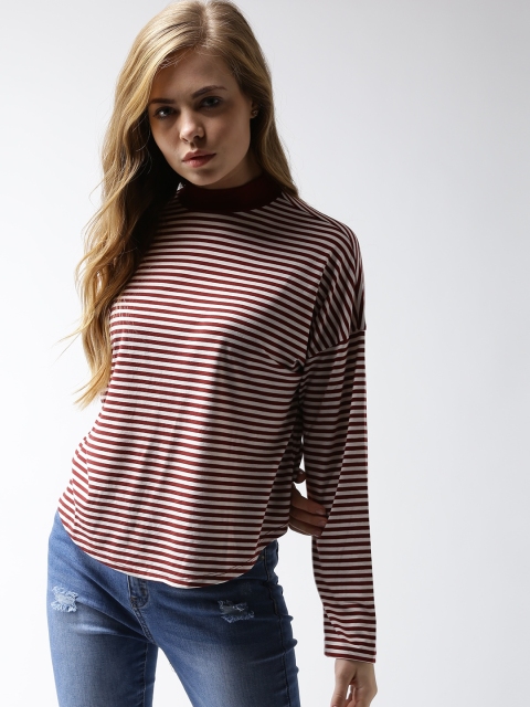 

FOREVER 21 Women Rust Brown & Off-White Striped Boxy Top