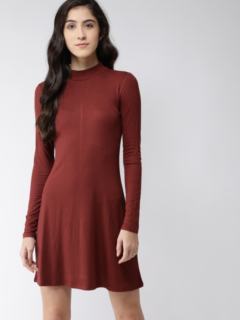 

FOREVER 21 Women Burgundy Self Striped Fit and Flare Dress