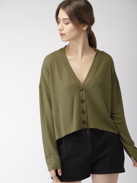 

FOREVER 21 Women Olive Green Solid V-Neck Top
