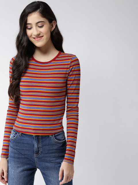 

FOREVER 21 Women Maroon & Blue Striped Round Neck T-shirt