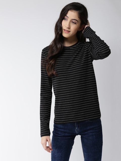 

FOREVER 21 Women Black & White Striped Round Neck T-shirt