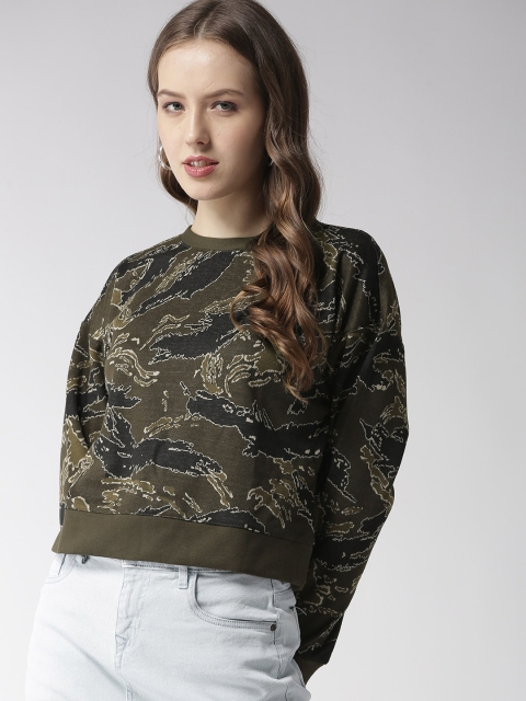 

FOREVER 21 Women Olive Green & Black Self Design Camouflage Sweatshirt