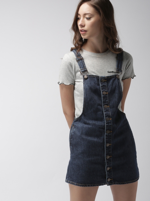 

FOREVER 21 Women Blue Solid Denim Pinafore Dress