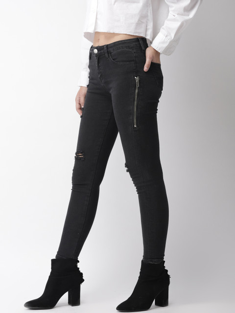 

FOREVER 21 Women Black Regular Fit Mid-Rise Mildly Distressed Stretchable Jeans