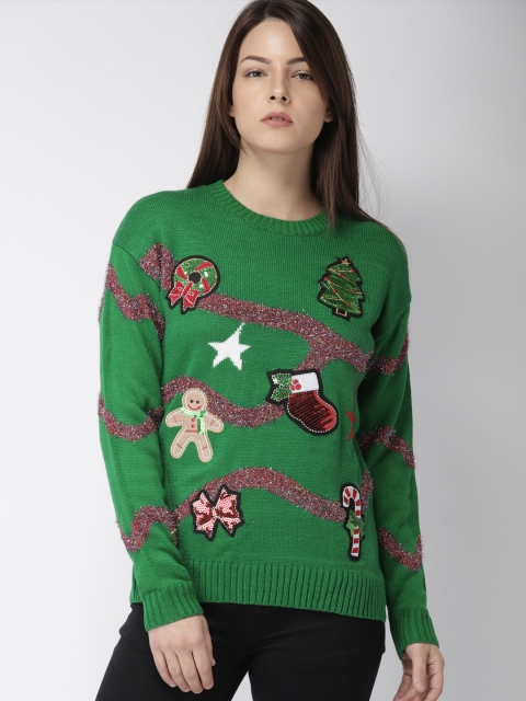 

FOREVER 21 Women Green Self Design Pullover