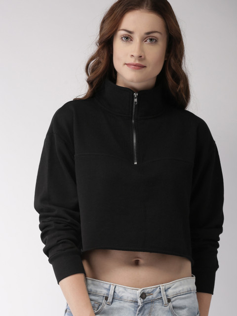 

FOREVER 21 Women Black Solid Crop Sweatshirt
