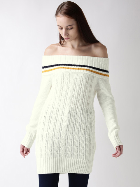

FOREVER 21 Women Off-White Self Design Longline Sweater, Cream