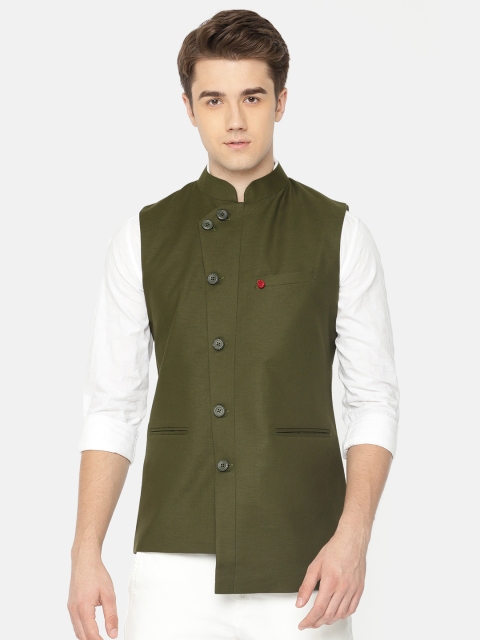 

The Indian Garage Co Men Olive Green Solid Nehru Jacket