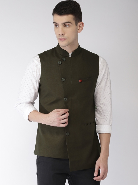 

The Indian Garage Co Men Olive Green Solid Nehru Jacket