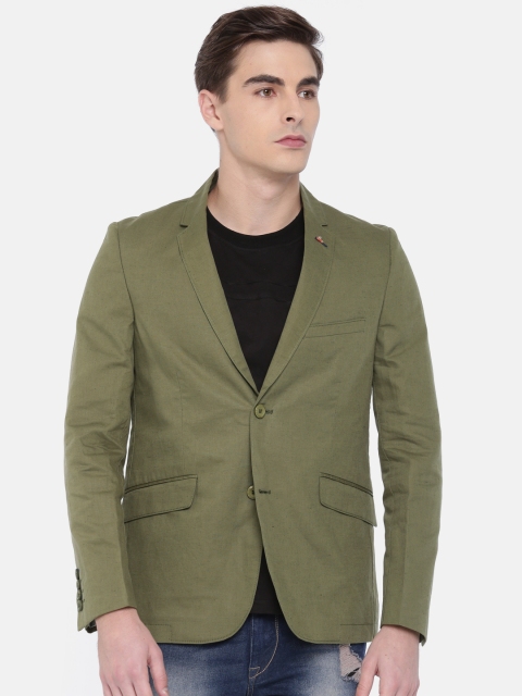 

The Indian Garage Co Men Olive Green Solid Single-Breasted Casual Pure Cotton Blazer