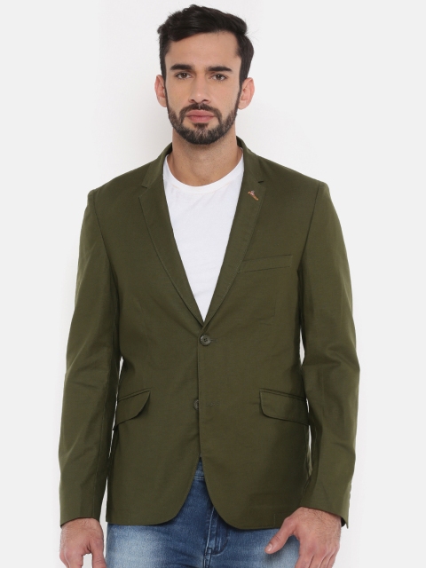 

The Indian Garage Co Men Olive Green Solid Single-Breasted Casual Blazer
