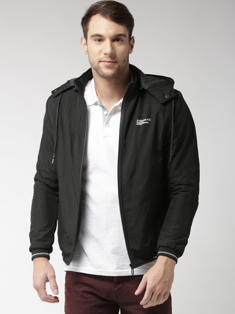 

Fort Collins Men Black Solid Bomber Jacket with Detachable Hood