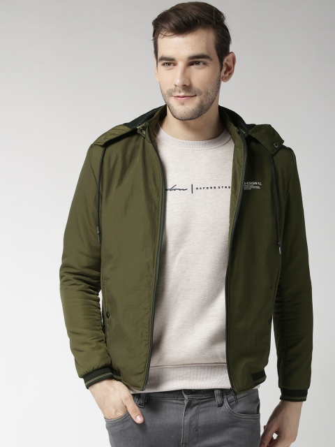 

Fort Collins Men Olive Green Solid Bomber Jacket with Detachable Hood