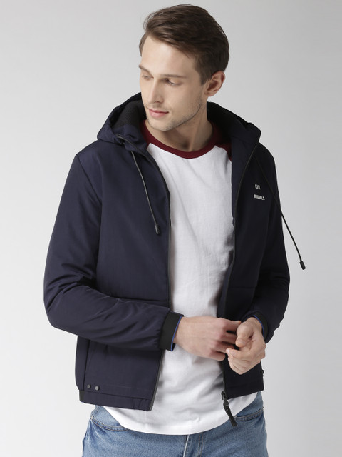 

Fort Collins Men Navy Solid Hooded Bomber Jacket, Navy blue