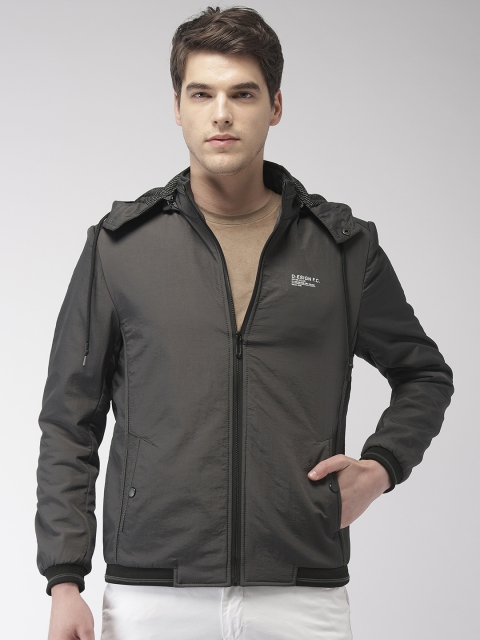 

Fort Collins Men Charcoal Grey Solid Hooded Bomber Jacket