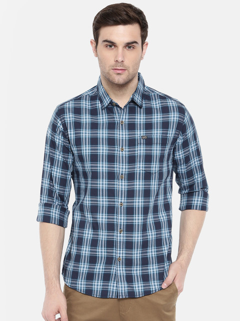 

The Indian Garage Co Men Navy Blue Regular Fit Checked Casual Shirt