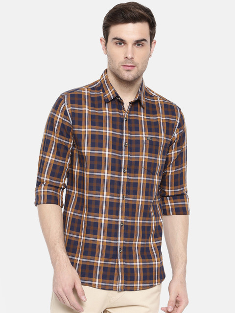 

The Indian Garage Co Men Mustard Yellow & Navy Blue Checked Casual Shirt