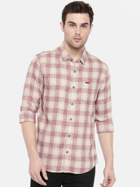

The Indian Garage Co Men Cream-Coloured & Pink Regular Fit Checked Casual Shirt