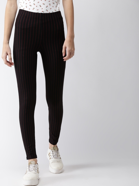 

FOREVER 21 Women Black & Red Striped Ankle-Length Leggings