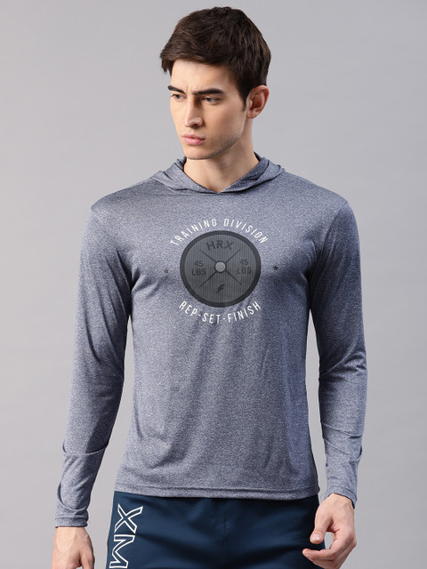 

HRX by Hrithik Roshan Men Blue Printed Hood Training T-shirt