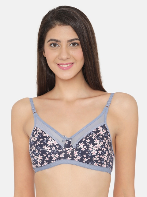 

Clovia Cotton Non-Padded Non-Wired Floral Print Bra, Navy blue