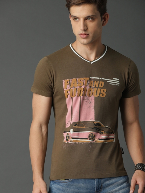 

Roadster Fast and Furious Men Olive Green Printed V-Neck Pure Cotton T-shirt