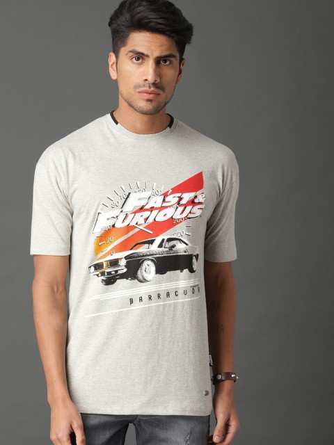 

Roadster Fast and Furious Men Grey Melange Printed Round Neck T-shirt
