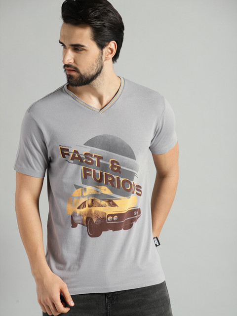 

Roadster Fast and Furious Men Grey Printed V-Neck T-shirt