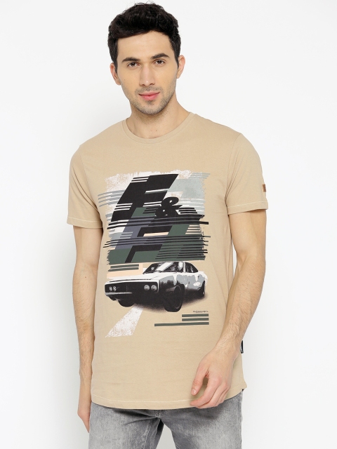 

Roadster Fast and Furious Men Beige Checked V-Neck T-shirt