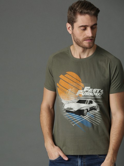 

Roadster Fast and Furious Men Olive Green Printed Round Neck T-shirt