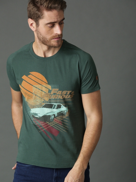 

Roadster Fast and Furious Men Green Printed Round Neck Pure Cotton T-shirt