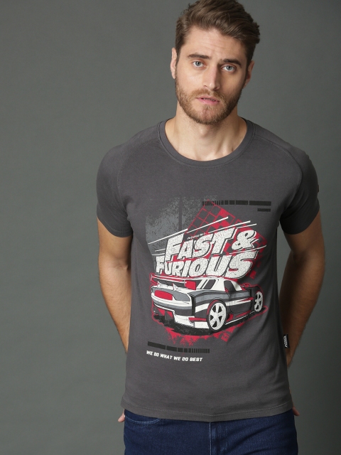 

Roadster Fast and Furious Men Charcoal Grey Printed Round Neck T-shirt