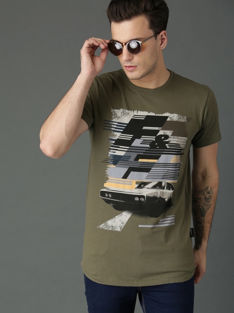 

Roadster Fast and Furious Men Olive Green Printed Round Neck T-shirt