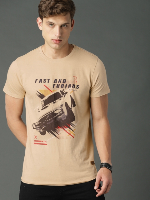 

Roadster Fast and Furious Men Beige Printed Round Neck Pure Cotton T-shirt