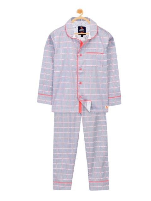 

Cherry Crumble Boys and Girls Multicolor Check Greek Pj Set Nightsuit, Blue