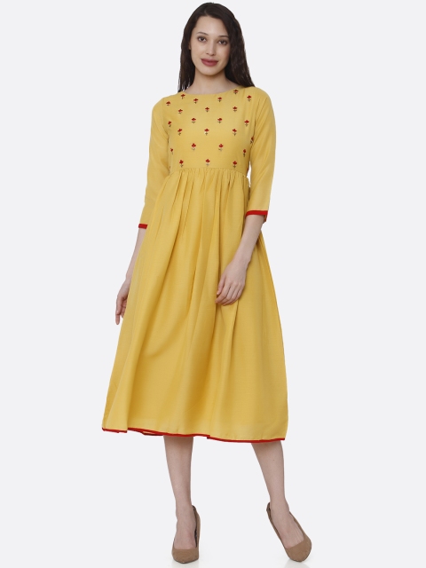 

RAISIN Yellow Embroidered A-Line Kurta Dress