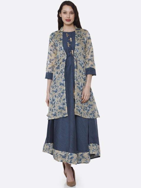 

RAISIN Blue & Cream-Coloured Floral Print Layered A-Line Kurta Dress