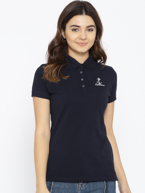 

OPt Women Navy Blue Solid Polo Collar T-shirt