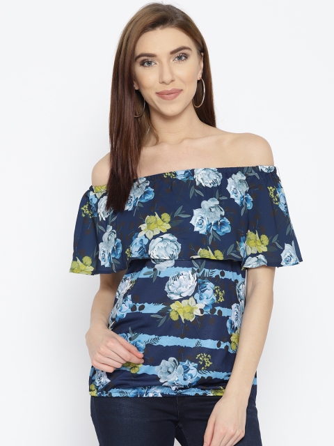 

OPt Women Navy Blue Printed Bardot Top