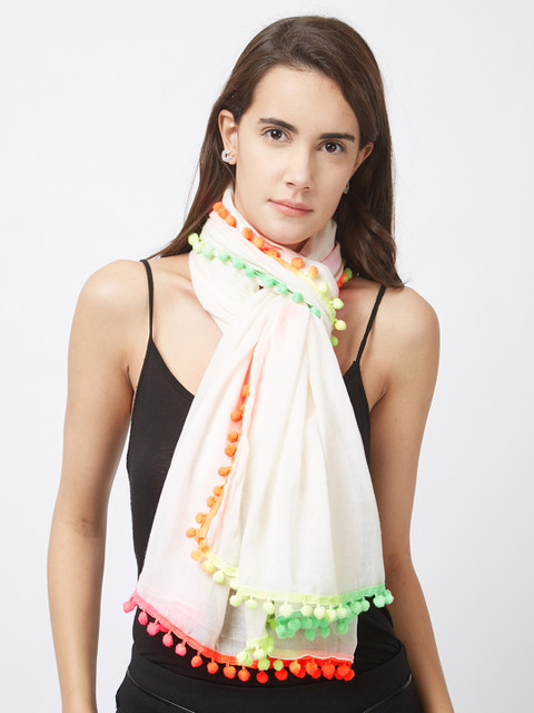 

Vozaf Women Off-White Ecru Cotton Modal Neon pompom stole Solid Stole