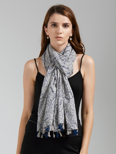

Vozaf Women Grey & Navy Blue Pop up Scarf with Pom Pom Printed Stole