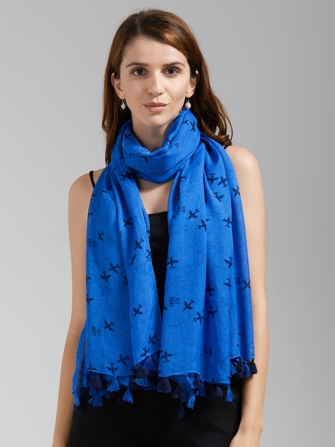 

Vozaf Women Blue Travel Plane Scarf Modal with Pom pom Printed Stole