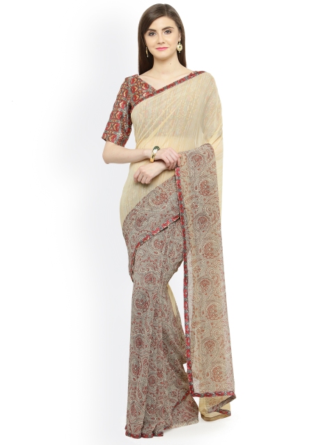 

Shaily Cream-Coloured & Beige Pure Georgette Printed Saree
