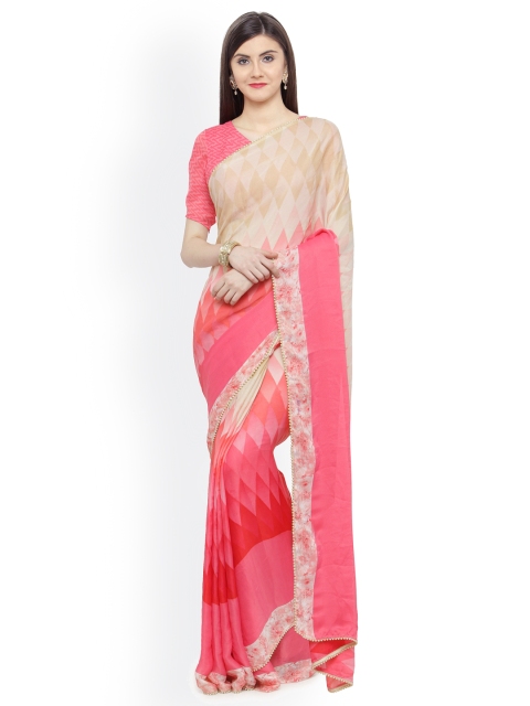 

Shaily Peach-Coloured & Pink Satin Embellished Saree