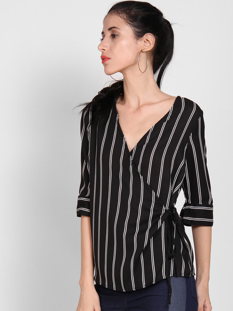 

StalkBuyLove Women Black Striped Wrap Top