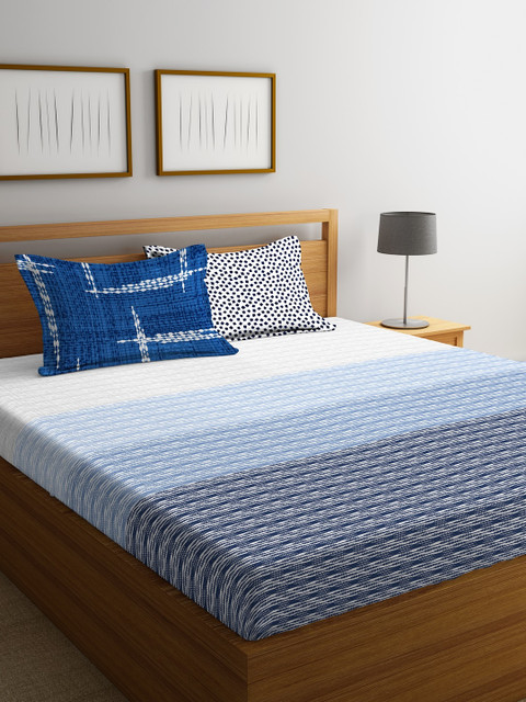 

Portico New York Blue & White Fitted 144 TC Cotton 1 Queen Bedsheet with 2 Pillow Cover