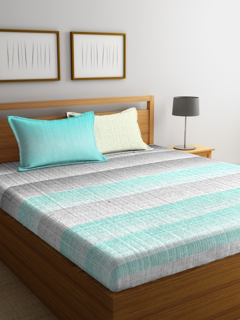 

Portico New York Turquoise Blue & Grey Striped Flat 144 TC Bedsheet with 2 Pillow Covers